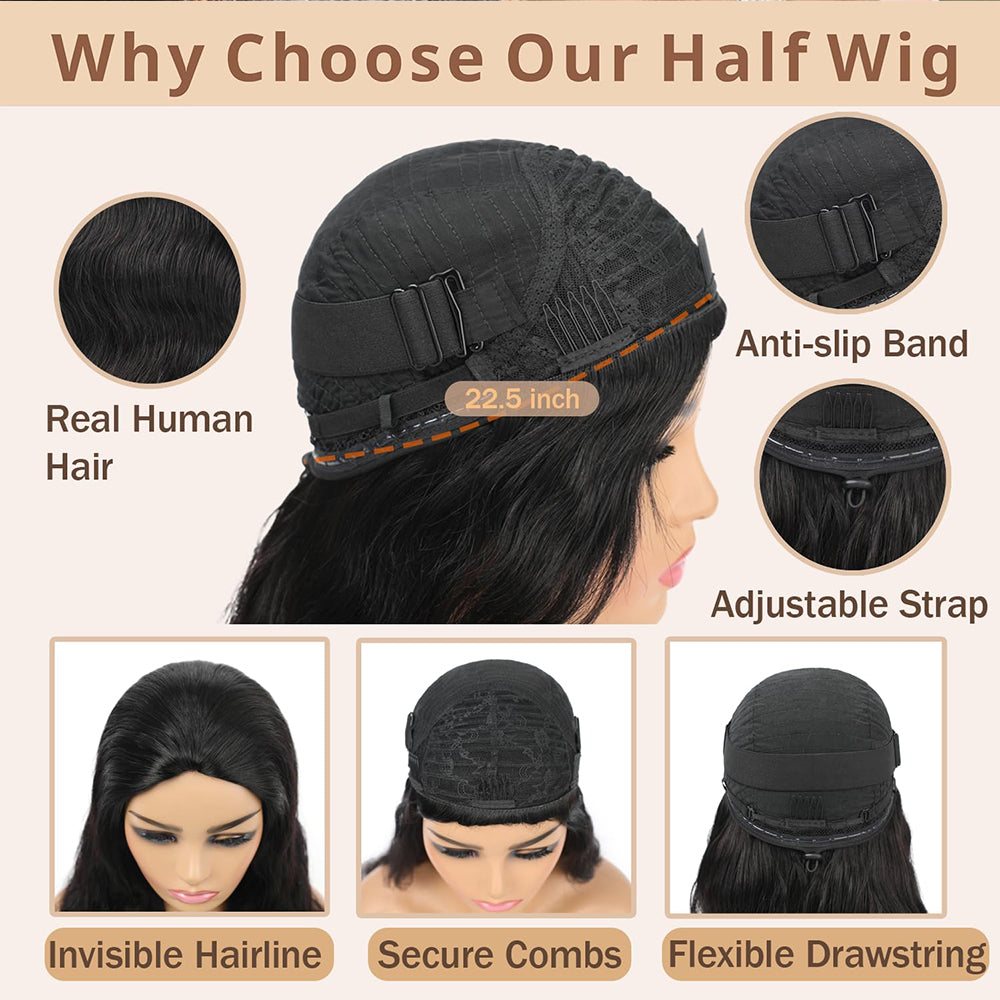 Lodmemo Body Wave Half Wig Human Hair Glueless Wigs With Drawstring Flip Over Wig Beginner Friendly