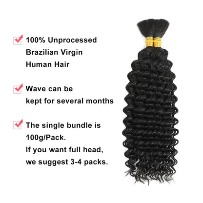 Unprocessed Deep Wave Bulk Human Hair Natural Color No Weft Boho Hair For Braiding 1/3/4 Packs