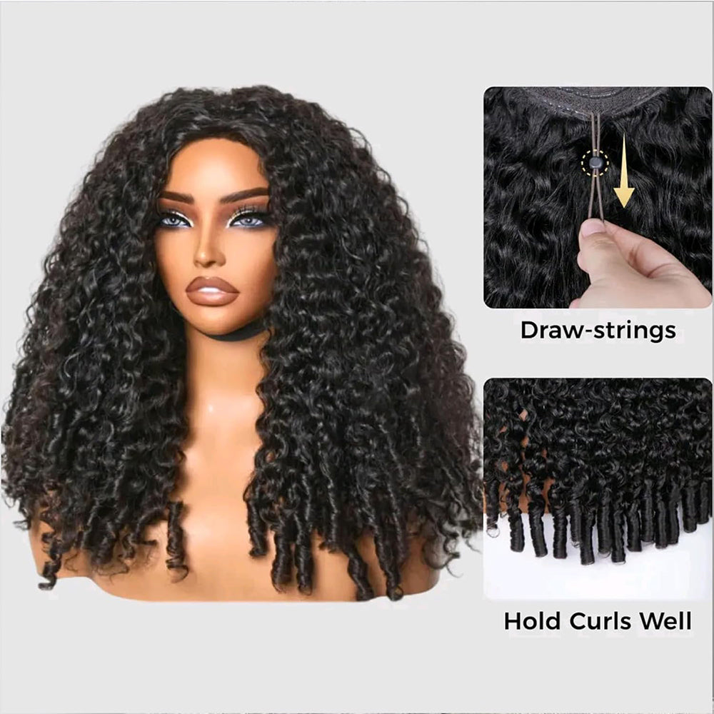 Lodmemo Burmese Curly Half Wigs Human Hair Seamless Kinky Curly Flip Over Wig Beginner Friendly