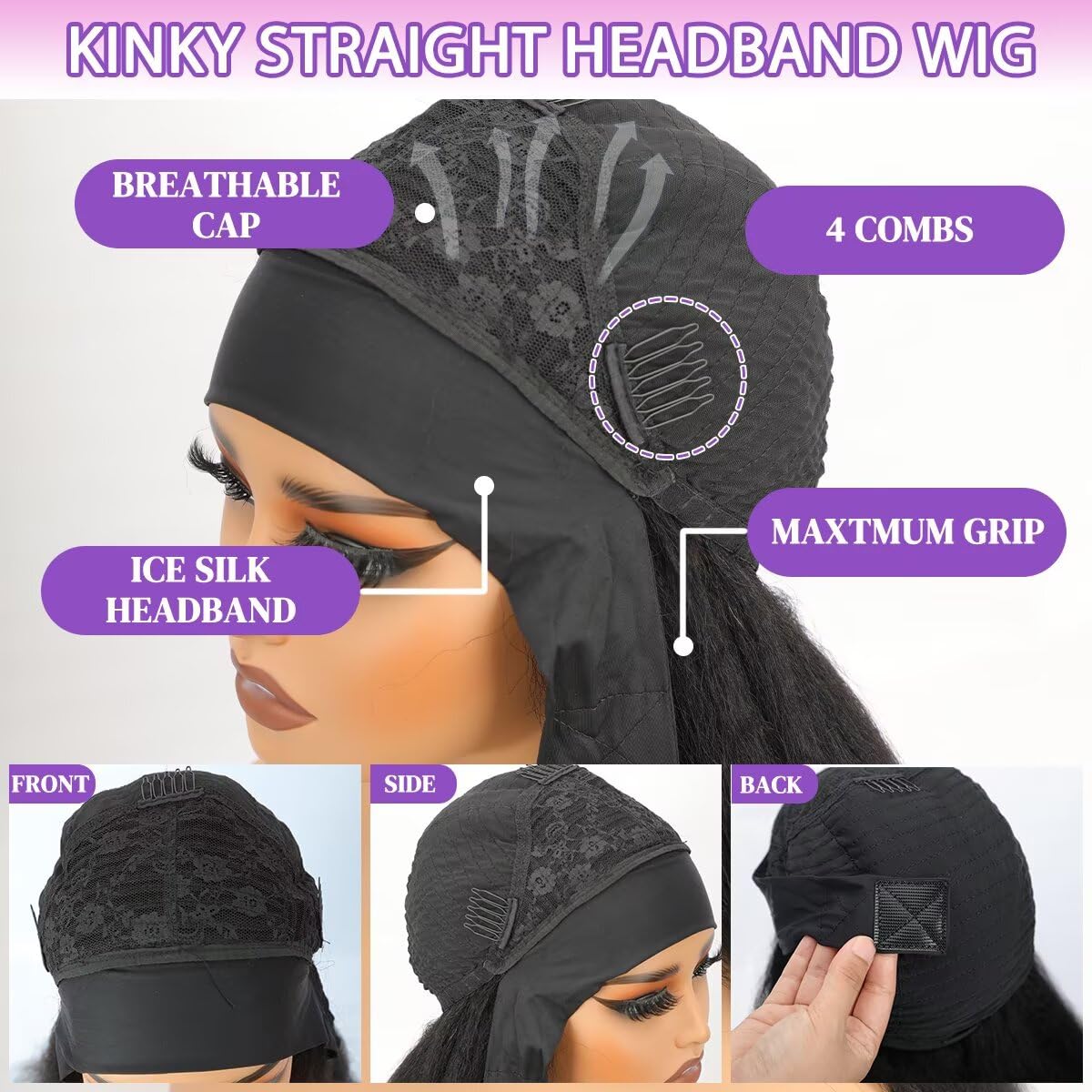 Lodmemo Kinky Staright Headband Wig Human Hair Glueless Wigs Flip Over Wig Beginner Friendly