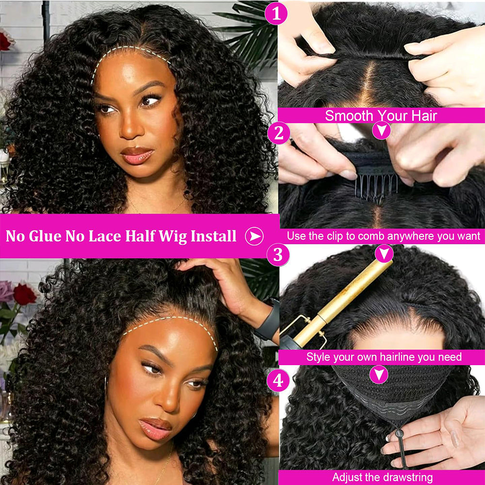 Lodmemo Burmese Curly Half Wigs Human Hair Seamless Kinky Curly Flip Over Wig Beginner Friendly