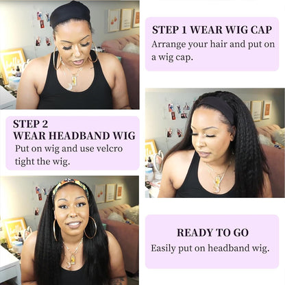 Lodmemo Kinky Straight Headband Wig Human Hair Glueless Wig  Flip Over Wig Beginner Friendly