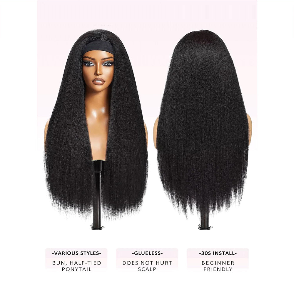 Lodmemo Kinky Straight Headband Wig Human Hair Glueless Wig Seamless Flip Over Wig Beginner Friendly