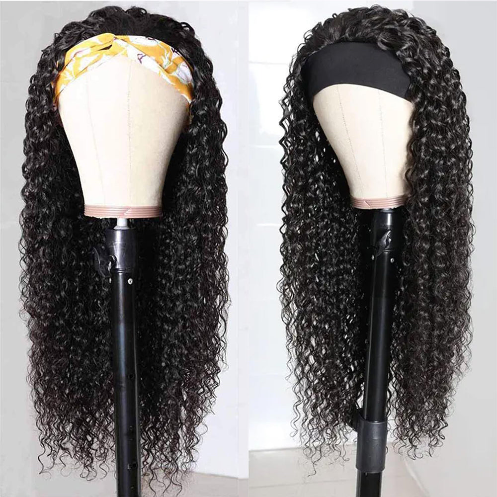 Lodmemo Kinky Curly Headband Wig Human Hair Glueless Seamless Kinky Curly Flip Over Wig Beginner Friendly