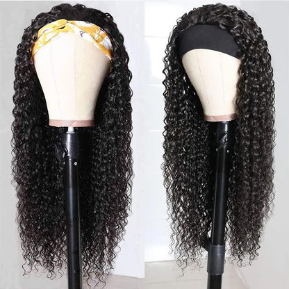 Lodmemo Water Wave Headband Wig Human Hair Glueless Wig Seamless Kinky Curly Flip Over Wig Beginner Friendly