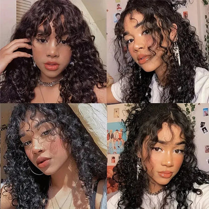 Lodmemo Deep Curly Glueless Wig With Bangs Drawstring Machine Made Sew In Wig Human Hair