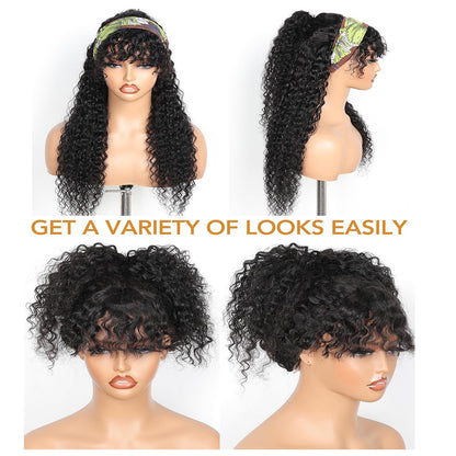 Lodmemo Deep Curly Glueless Wig With Bangs Drawstring Machine Made Sew In Wig Human Hair