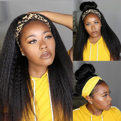 Lodmemo Kinky Straight Headband Wig Human Hair Glueless Wig Seamless Flip Over Wig Beginner Friendly