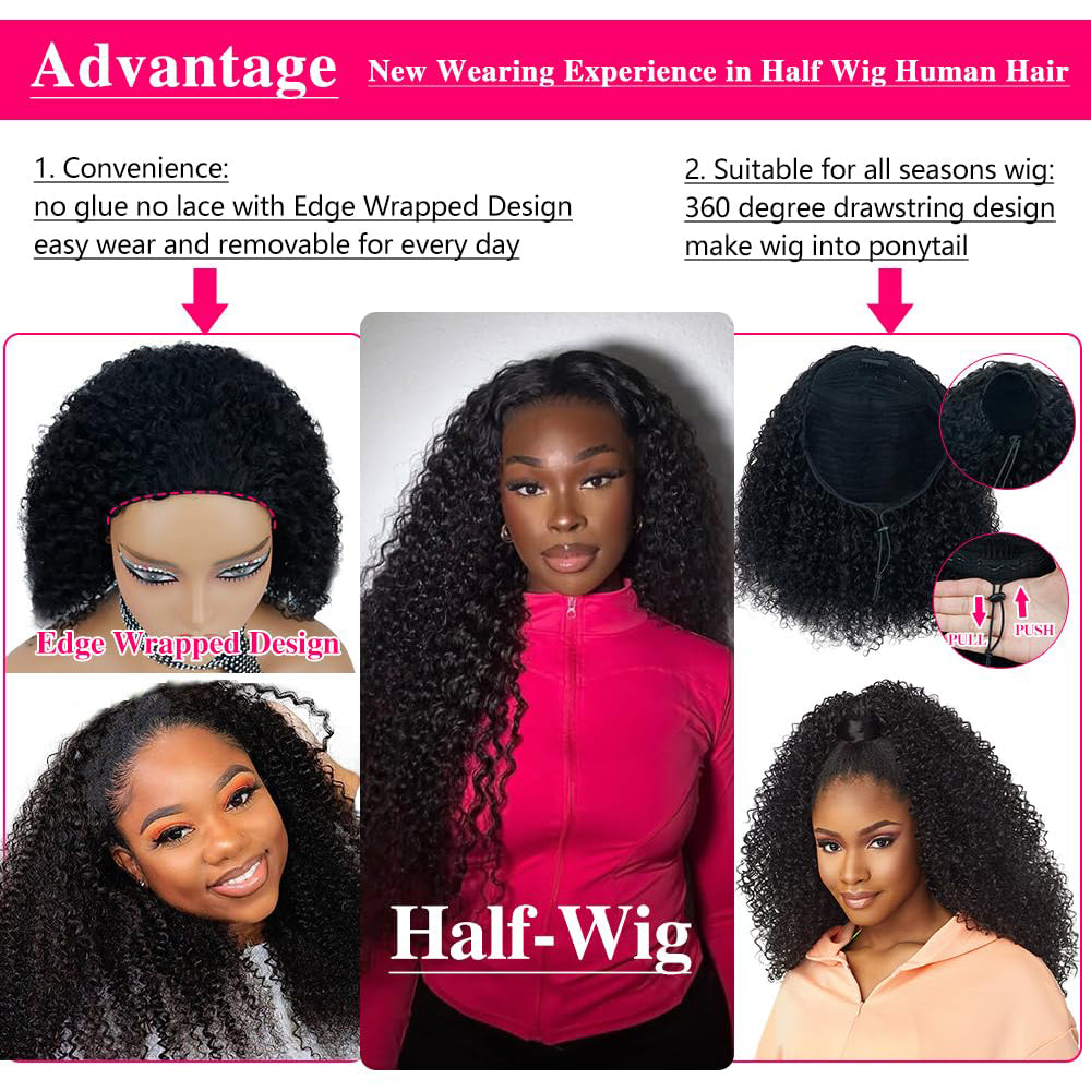 Lodmemo Curly Half Wig Seamless Kinky Curly Flip Over Wig Beginner Friendly