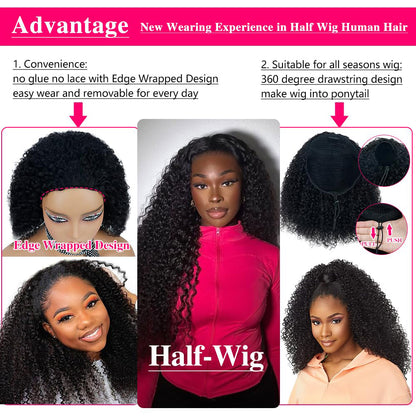 Lodmemo Curly Half Wig Seamless Kinky Curly Flip Over Wig Beginner Friendly