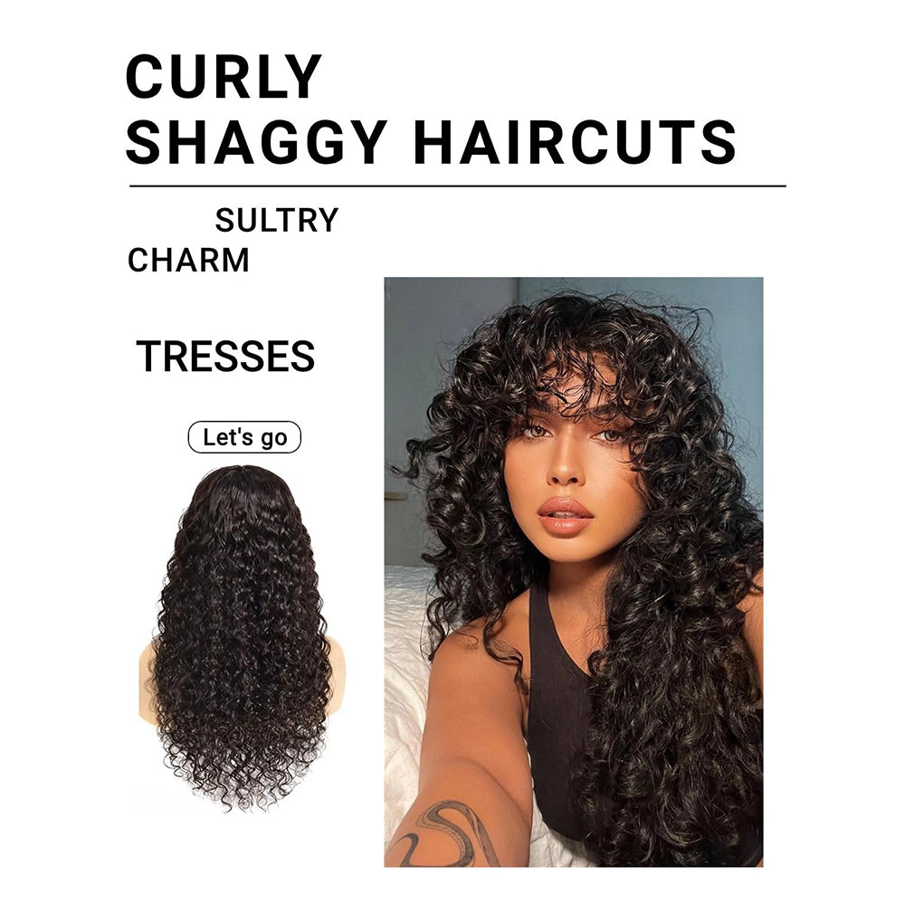 Lodmemo Deep Curly Glueless Wig With Bangs Drawstring Machine Made Sew In Wig Human Hair