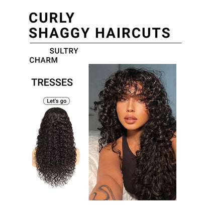Lodmemo Deep Curly Glueless Wig With Bangs Drawstring Machine Made Sew In Wig Human Hair