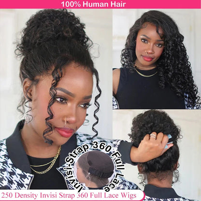Lodmemo Deep Curly 360 Invisible Strap Full Lace Glueless Wig Deep Curly Lace Frontal Bleached Knots Pre Cut Frontal Lace Wig