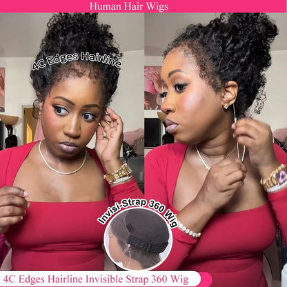 Lodmemo 360 Glueless Wigs 4C Kinky Edges Human Hair Deep Curly 360 Invisible Strap Lace Frontal Bleached Knots Pre Cut Frontal Lace Wig