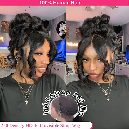 Lodmemo Body Wave Pre Cut 360 Invisible Strap Lace Front Wig Human Hair Glueless Wig HD Transparent Bleached Knots Pre Cut Lace Wig