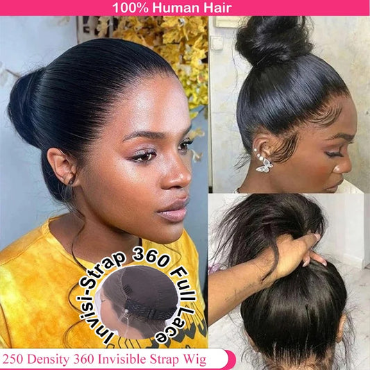 Lodmemo  Bone Straight Wave 360 Invisible Strap Lace Frontal HD Transparent Bleached Knots Pre Cut Lace Wig