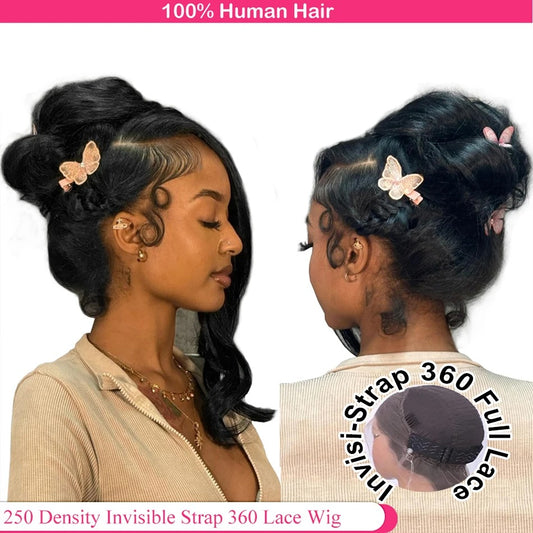 Lodmemo Body Wave 360 Invisible Strap Lace Frontal HD Transparent Bleached Knots Pre Cut Lace Wig