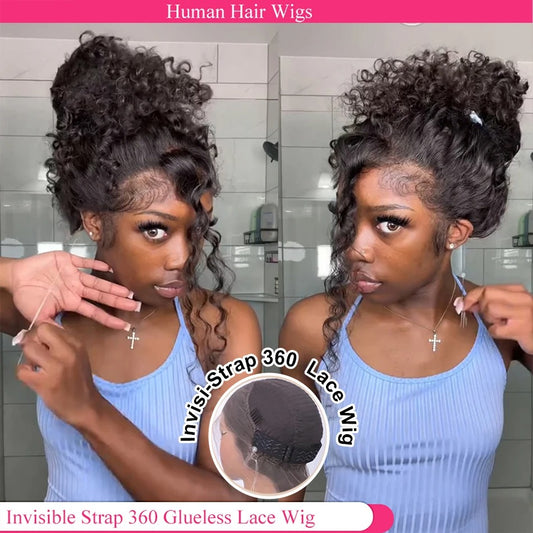 Lodmemo 360 Glueless Wigs Human Hair Deep Curly 360 Invisible Strap Lace Frontal Bleached Knots Pre Cut Frontal Lace Wig
