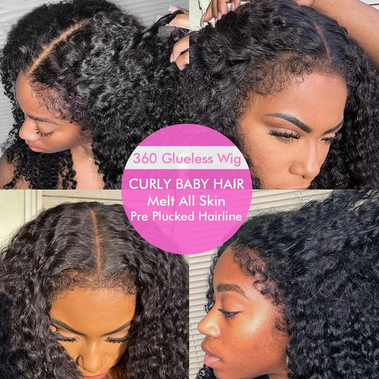 Lodmemo 360 Glueless Wigs 4C Kinky Edges Human Hair Deep Curly 360 Invisible Strap Lace Frontal Bleached Knots Pre Cut Frontal Lace Wig