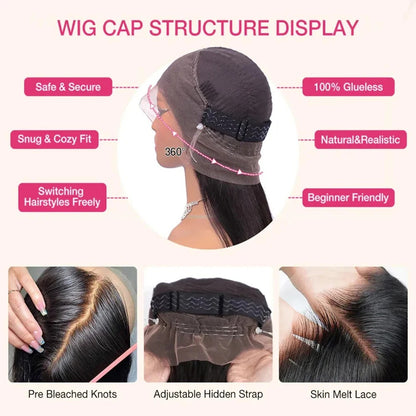 Lodmemo  Body Wave Pre Cut 360 Invisible Strap Full Lace Glueless Wig HD Transparent Bleached Knots Pre Cut Lace Wig