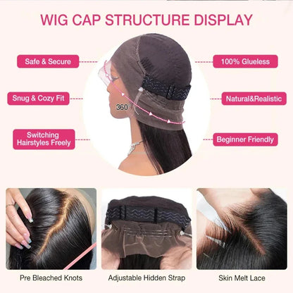Lodmemo  Bone Straight Wave 360 Invisible Strap Lace Frontal HD Transparent Bleached Knots Pre Cut Lace Wig