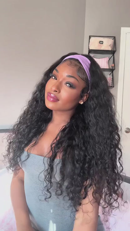 Lodmemo water wave Headband Wig Human Hair Ready to Wear Seamless Kinky Curly Flip Over Wig Beginner Friendly